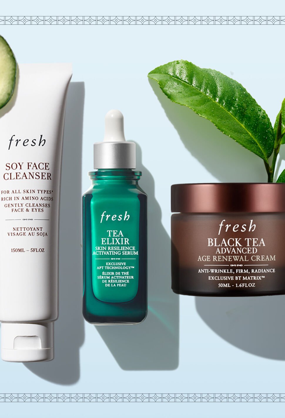 Close up of fresh Soy Face Cleanser, Tea Elixir Serum and Black Tea Age Renewal Cream