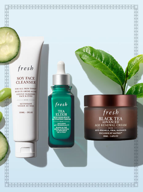 Close up of fresh Soy Face Cleanser, Tea Elixir Serum and Black Tea Age Renewal Cream