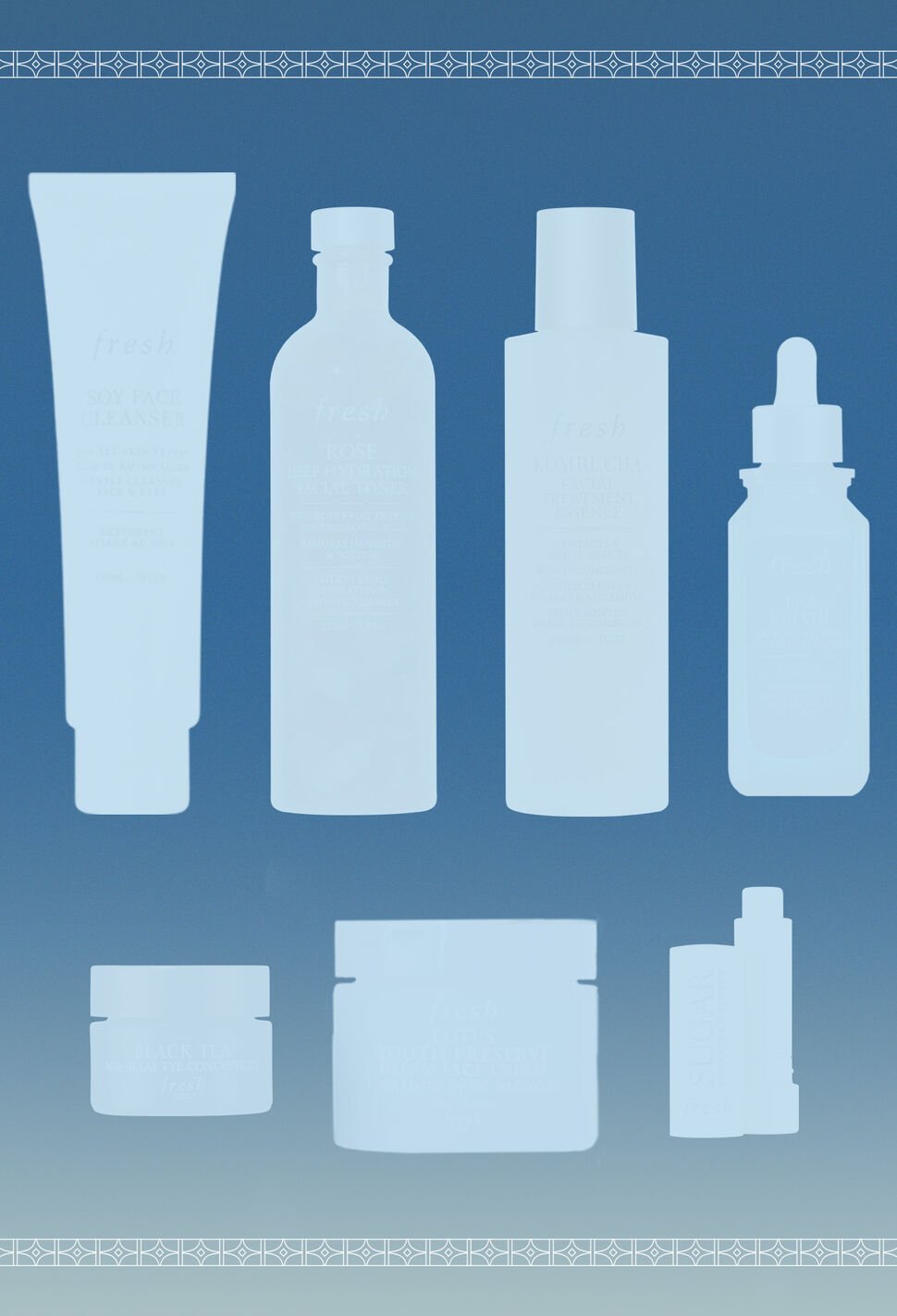 Light blue silhouettes of 7 fresh beauty products on dark blue background