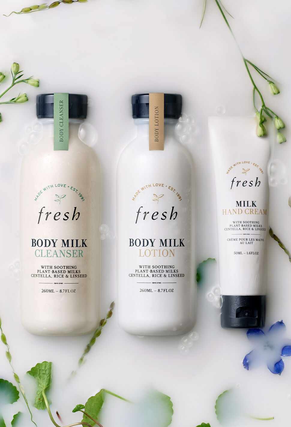 fresh Milk Skincare Collection against floral background