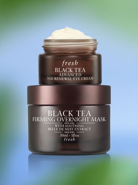 Fresh Black Tea skincare against blue and green background