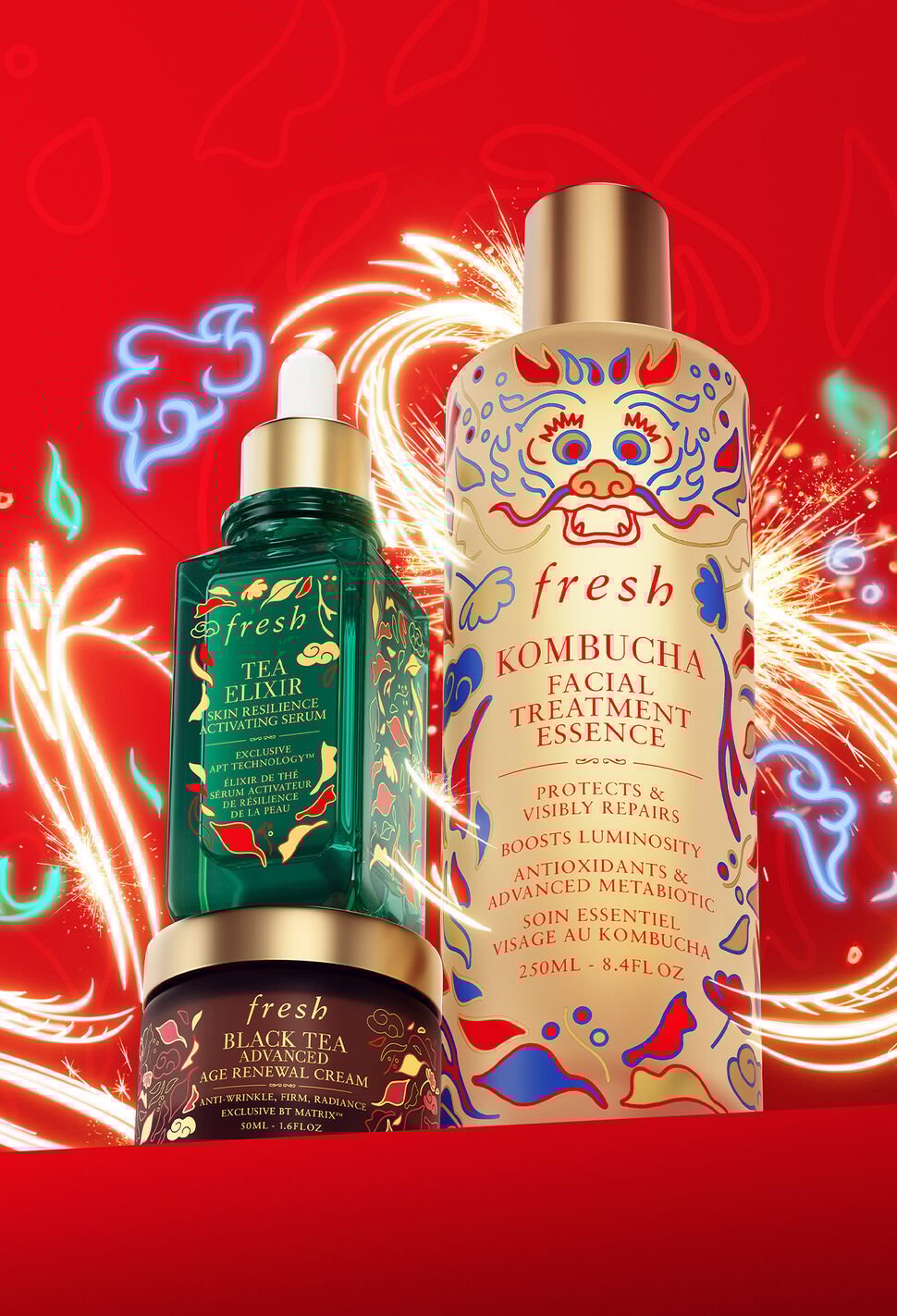 Tea Elixir Serum, Black Tea Advanced Age Renewal Cream and Kombucha Essence in Lunar New Year packaging
