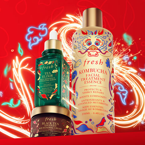 Tea Elixir Serum, Black Tea Advanced Age Renewal Cream and Kombucha Essence in Lunar New Year packaging
