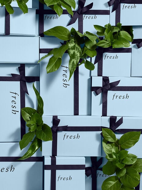 blue fresh gift box with navy ribbon and green leaves